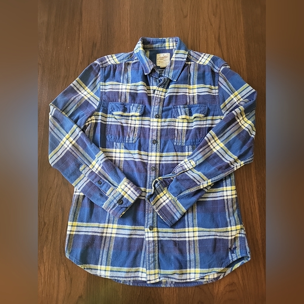 American Eagle Mens Medium Heritage Classic Fit Blue Yellow Flannel Cotton Shirt
